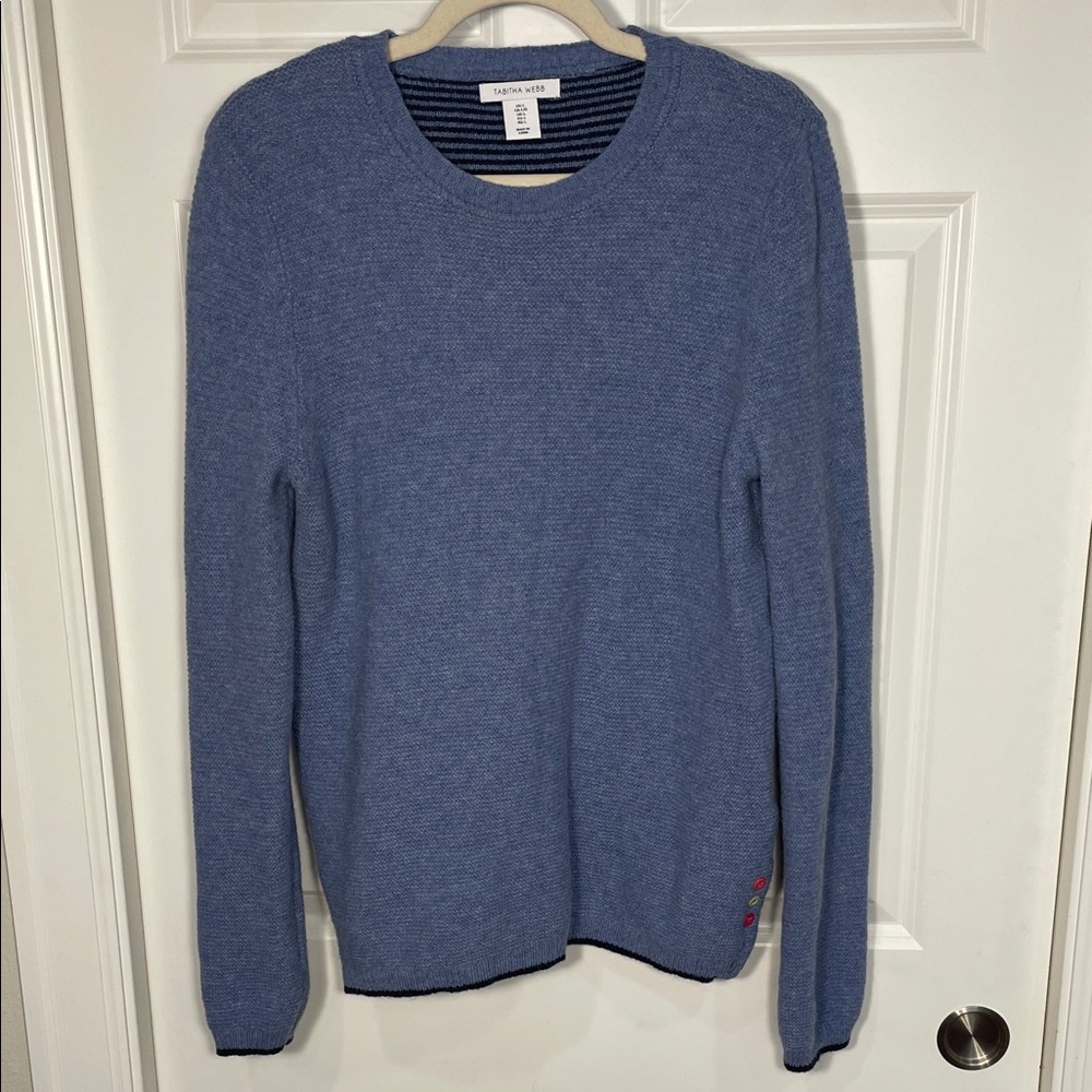 Tabitha Webb Crewneck Sweater Large Lambswool Blend Blue Long Sleeve Button Side